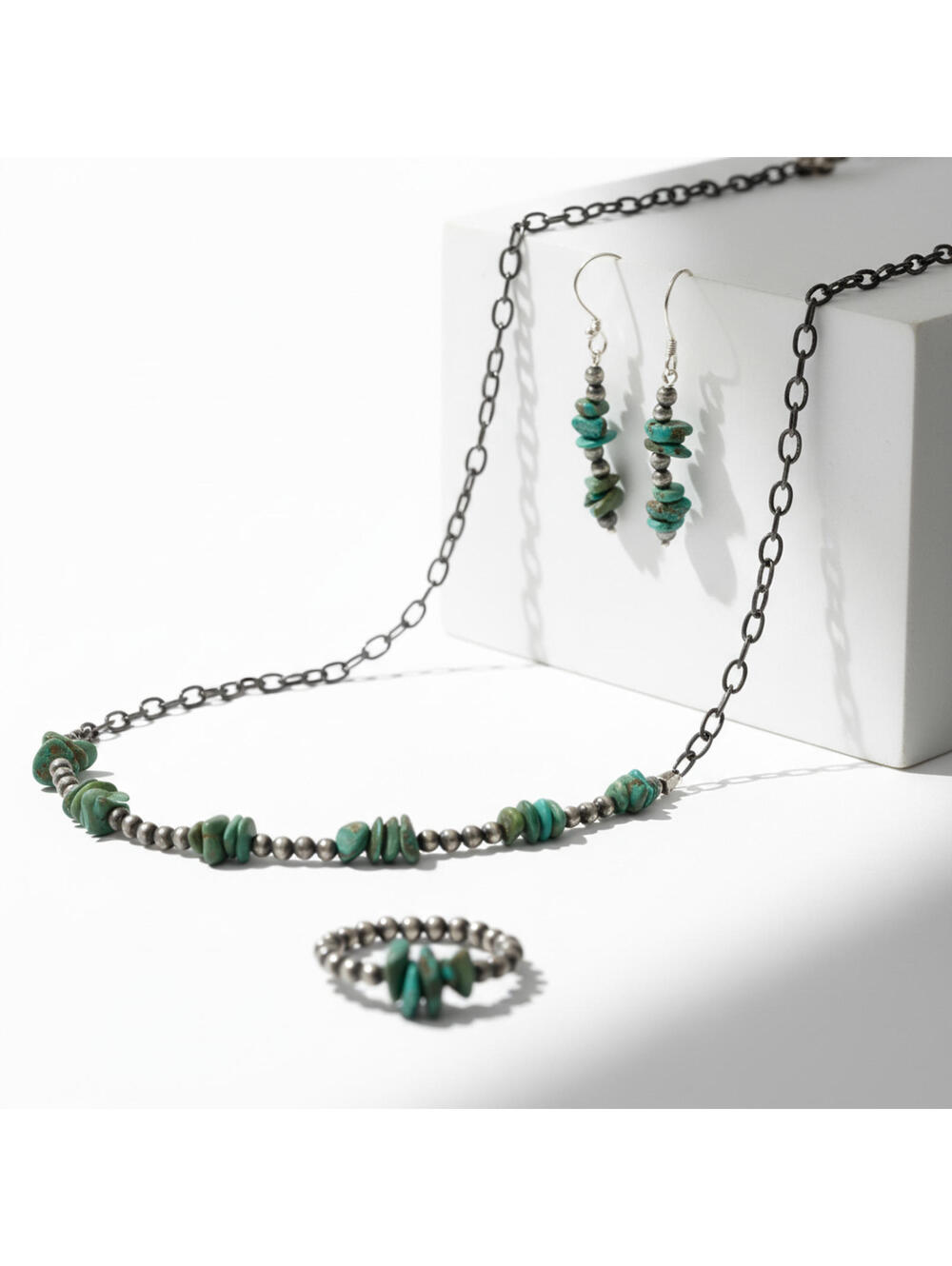 Carico Lake Turquoise Sterling Silver Bead Necklace Ring & Earring Set